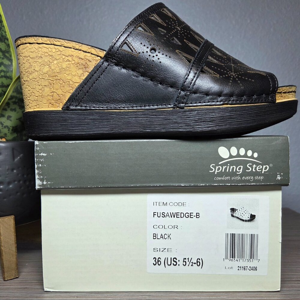 NEW!!! Spring Step Fusa Wedge Sandals Black Leather Women’s 36 (5.5–6)